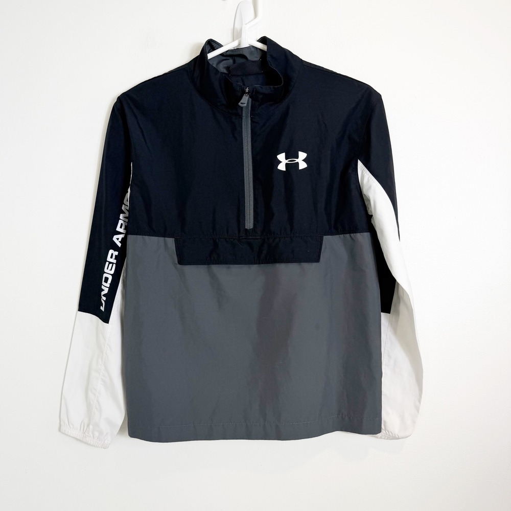 Under Armour Windbreaker Boys Large Black Grey White Colorblock 1/4 Zip Jacket